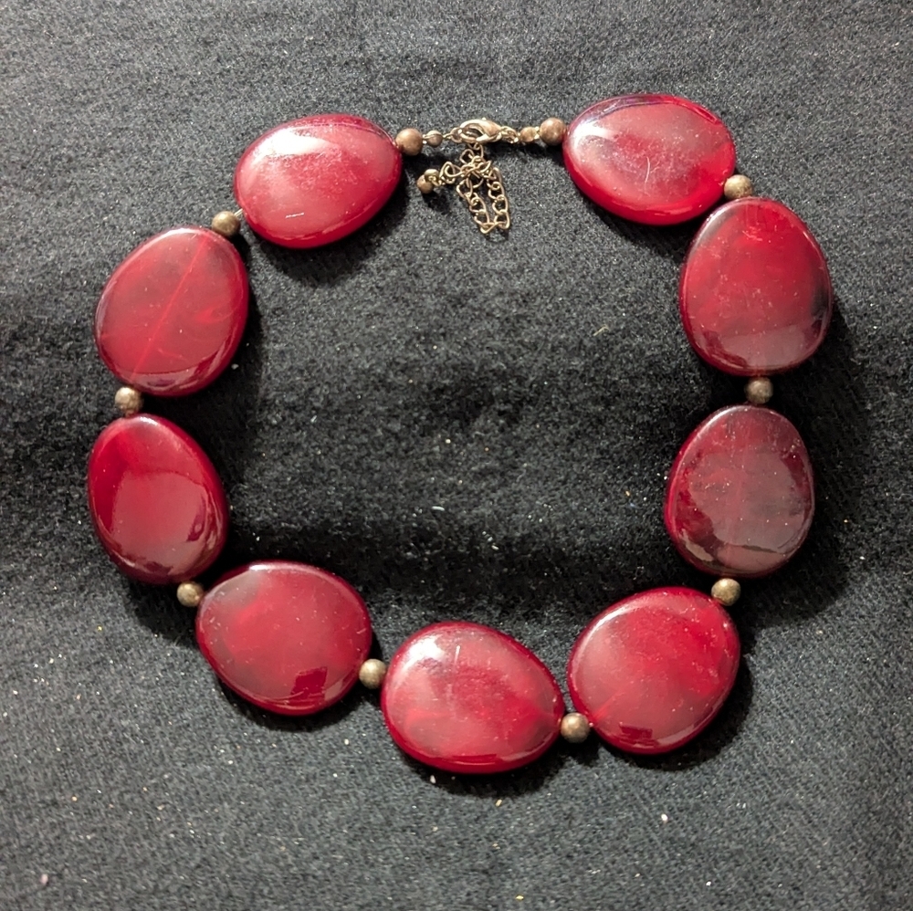 Brass Tone Red Oval Chunky Beaded Statement Necklace